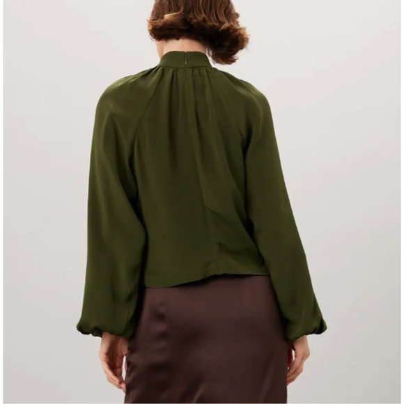 CO Olive Green Wrap Top MEDIUM Balloon Sleeve Career Mockneck Silk Designer $900 - Picture 4 of 12